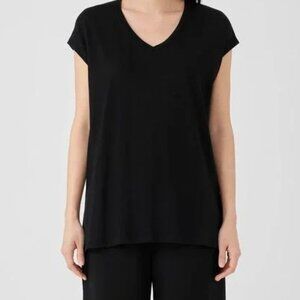 Eileen Fisher Fine Cotton Jersey Short Sleeve V-Neck Tee in Black Size Medium